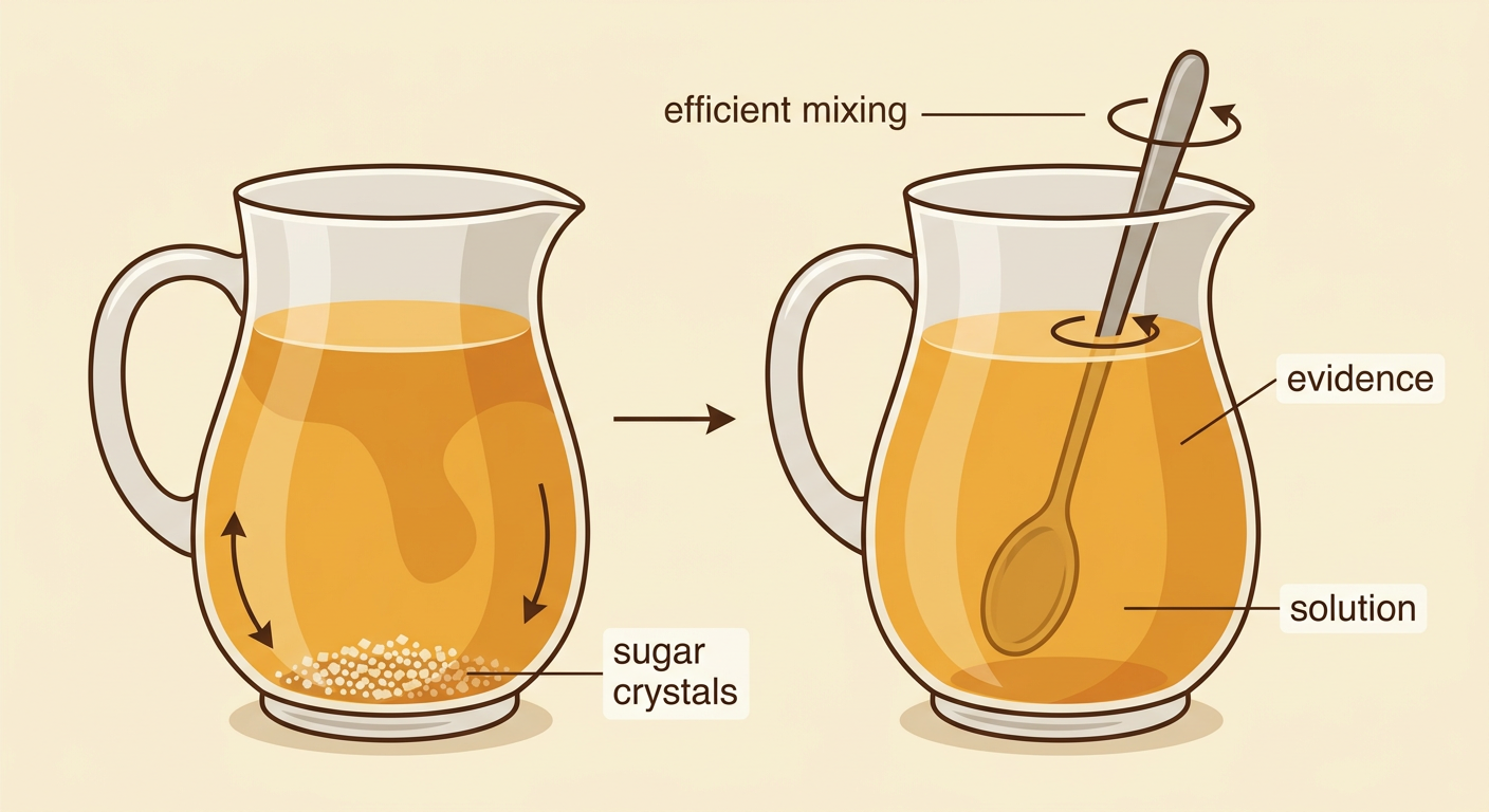 A worker stirs a pitcher of lemonade as sugar crystals spread evenly to form a solution.