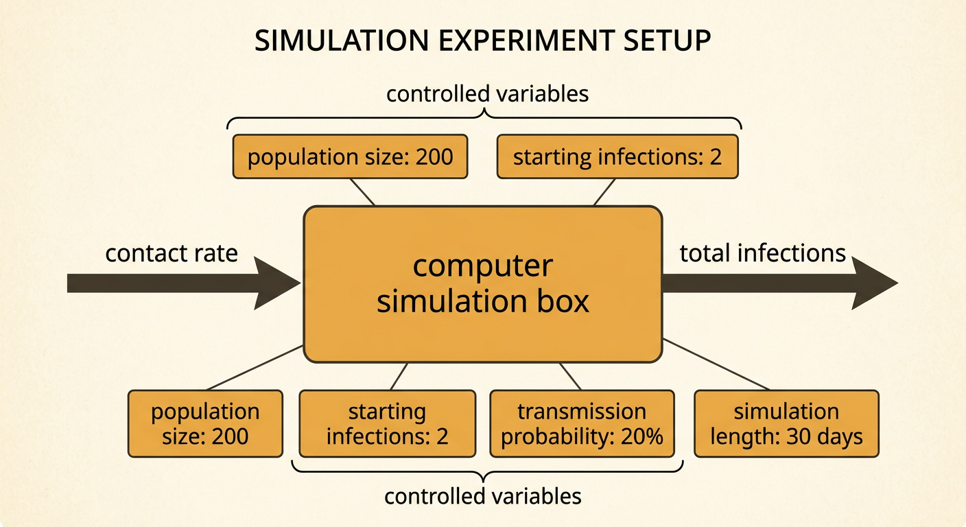 A simulation setup panel shows contact rate changing while population size and other settings remain constant, with total infections measured as the outcome.