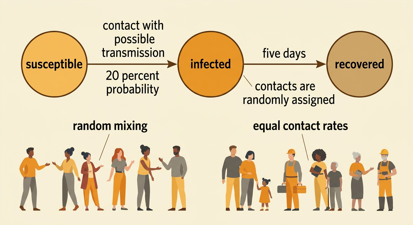 A state-transition diagram shows susceptible people becoming infected after contact and infected people becoming recovered, under random mixing.