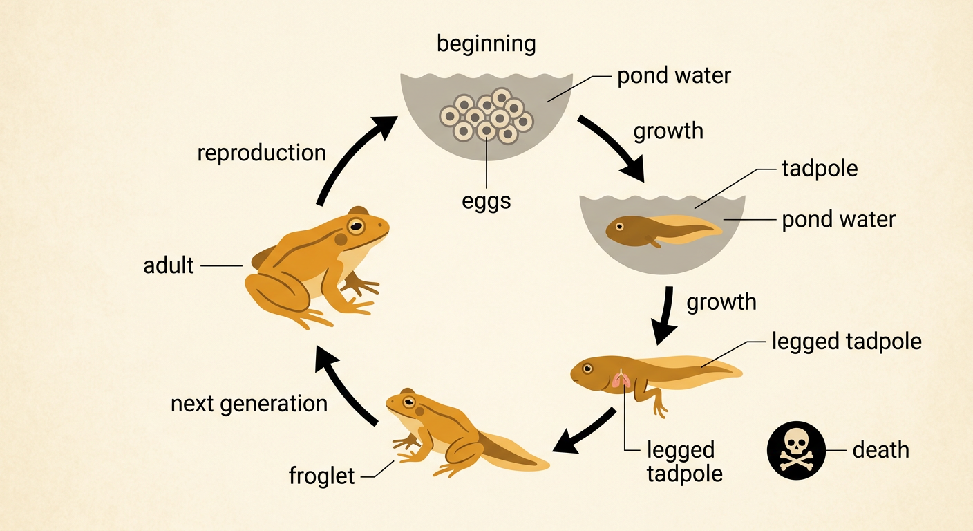 A circular frog life cycle model connects eggs, tadpole, froglet, adult, death, and the next generation with arrows.