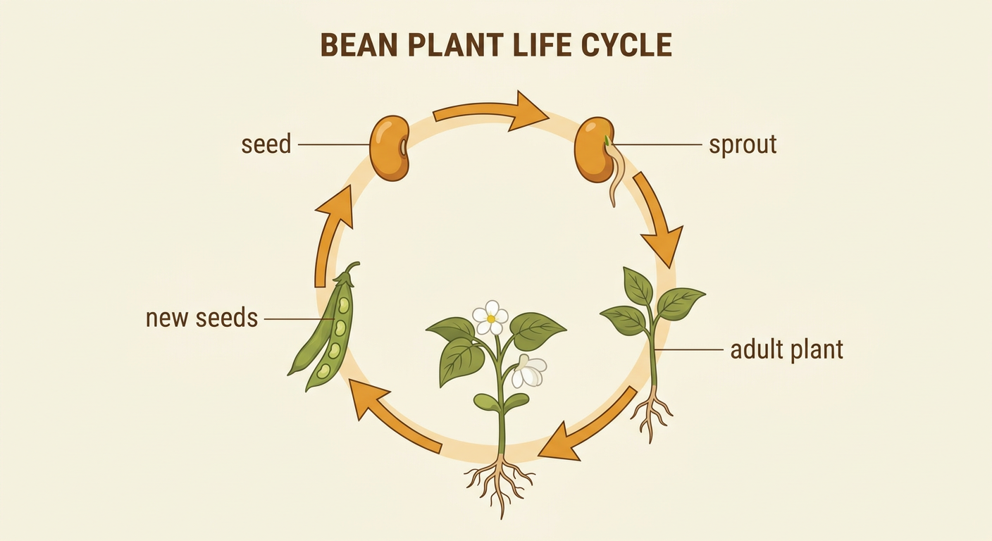 A circular bean plant life cycle shows a seed sprouting, growing into an adult plant, flowering, and producing new seeds.