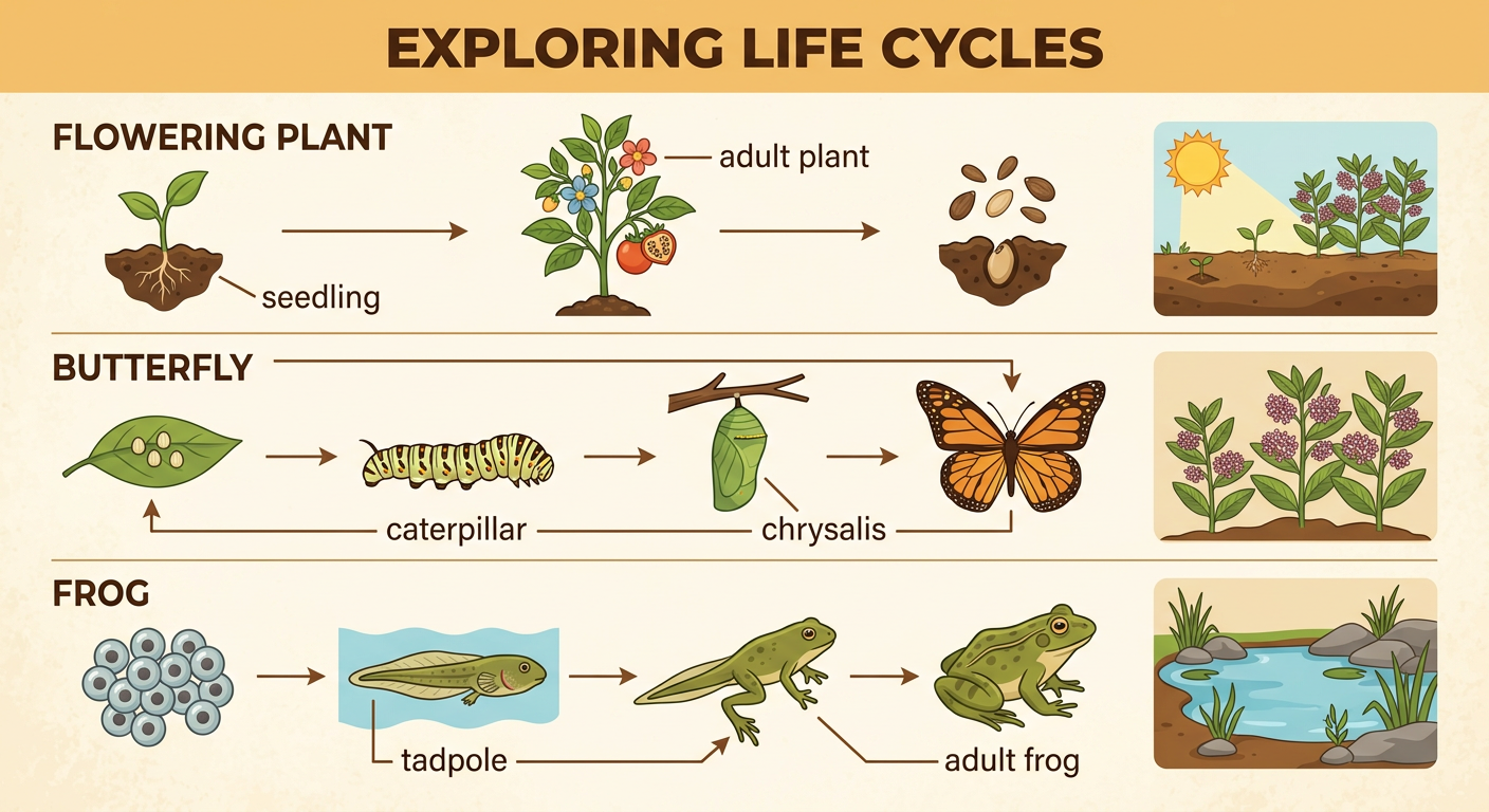 Three side-by-side life cycles show the stages of a flowering plant, a butterfly, and a frog in their habitats.