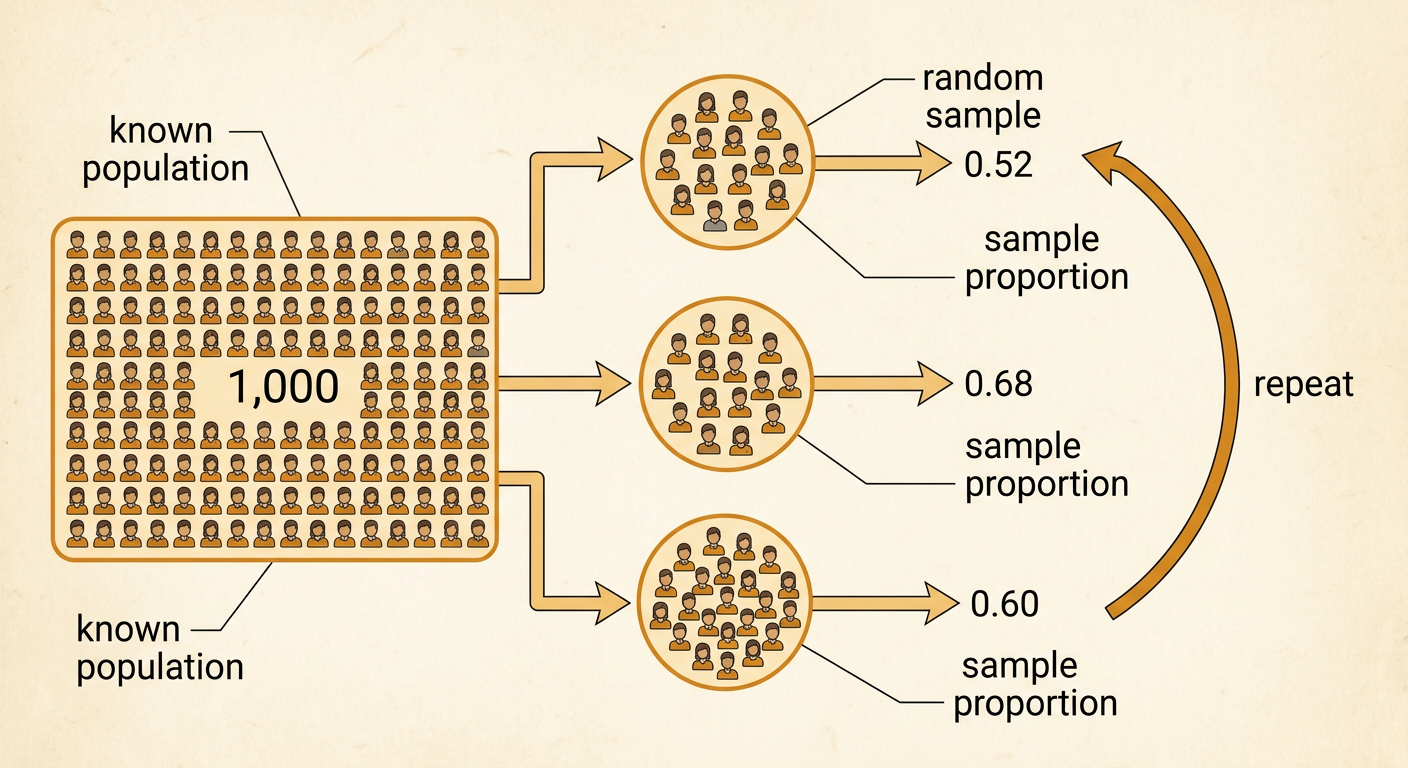 A circular simulation diagram shows repeated selections of 25 students from a population of 1,000 and recorded proportions of 0.52, 0.68, and 0.60.