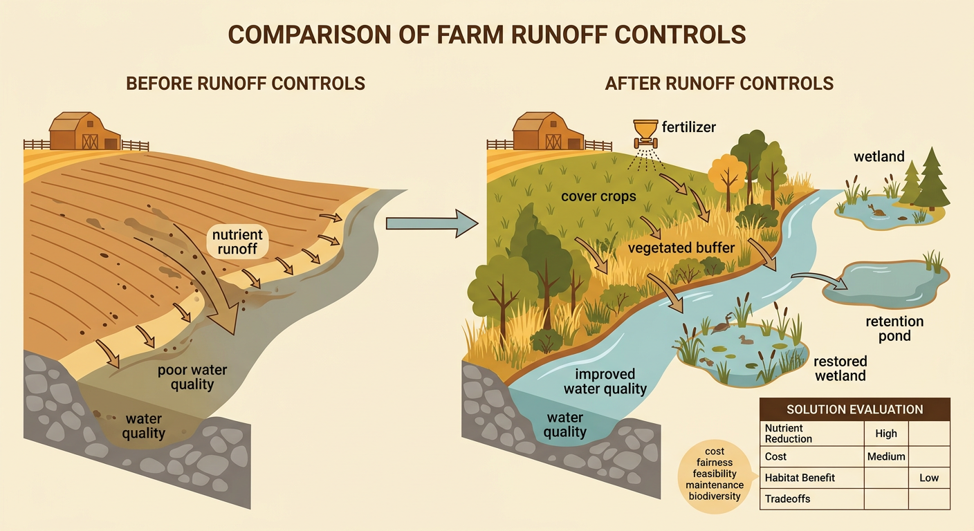 A farm uses cover crops, a vegetated buffer, a restored wetland, and a retention pond to reduce nutrients entering a stream.