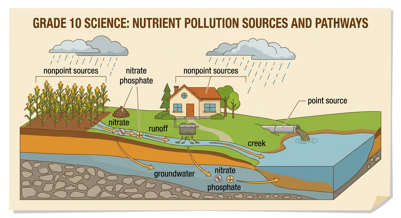 Rain washes nitrate and phosphate from a fertilized cornfield toward a creek while a discharge pipe enters the same waterway.
