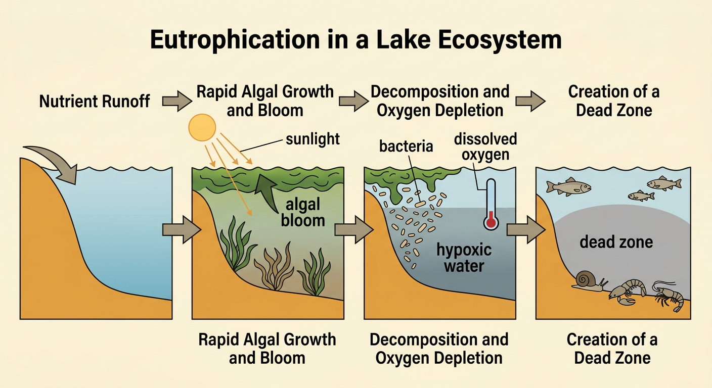 A lake cross-section shows an algal bloom blocking sunlight while bacteria consume oxygen and create hypoxic bottom water.