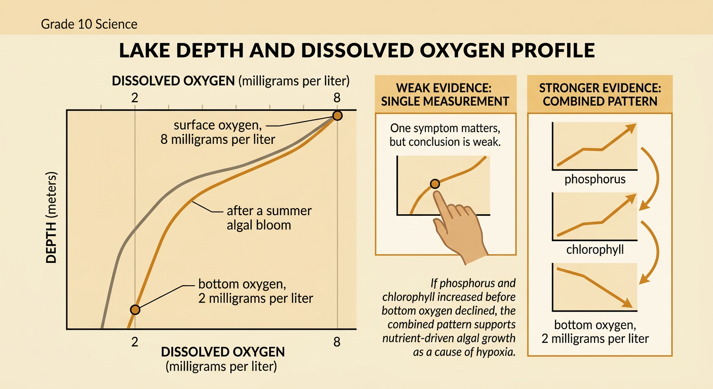 A summer lake profile compares high surface oxygen with low bottom oxygen alongside rising phosphorus and chlorophyll data.