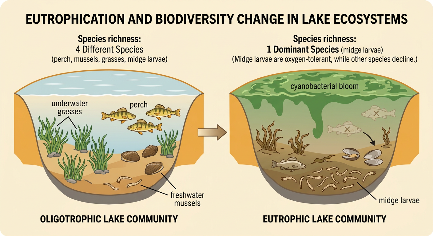 A nutrient-polluted shallow lake shows dying underwater grasses, dead sensitive animals, and surviving tolerant midge larvae.