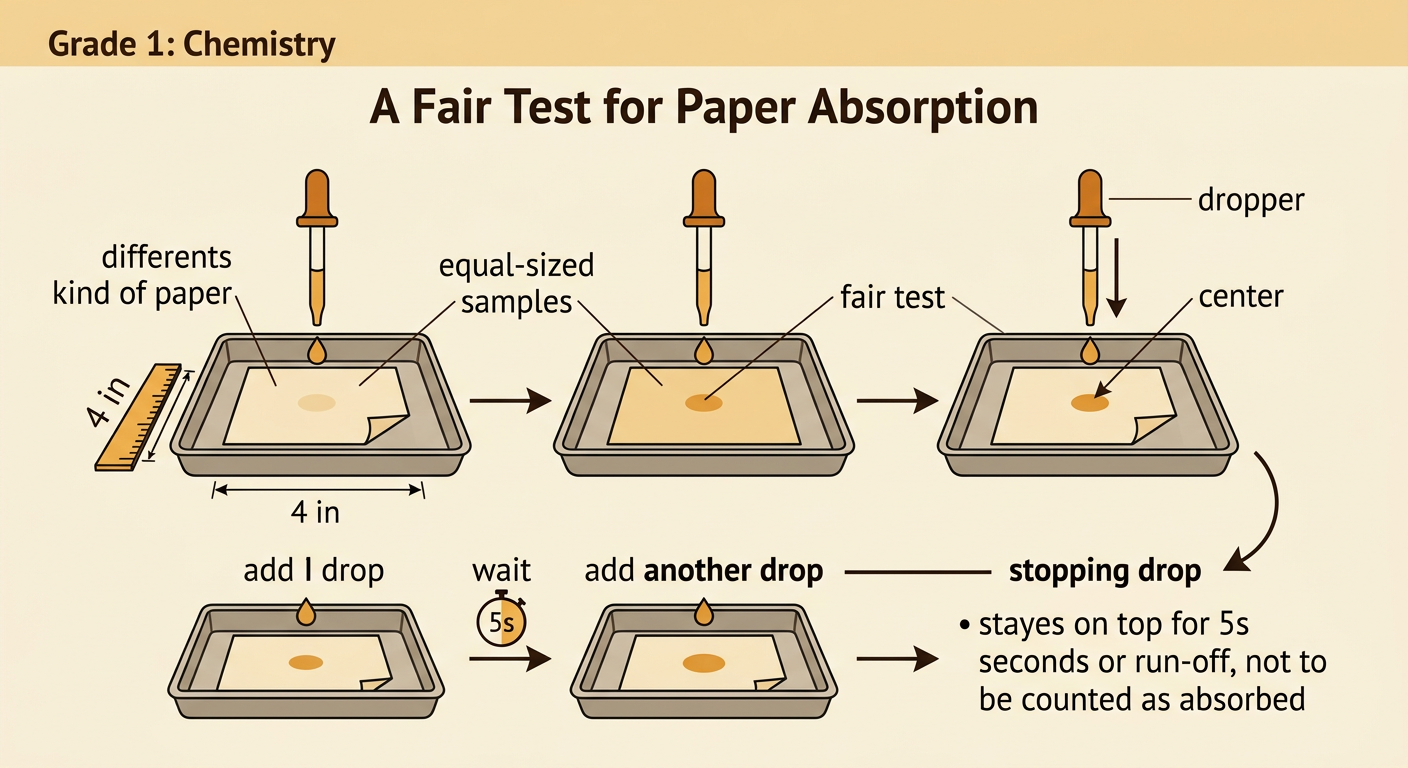 Three equal paper squares sit in separate trays as one dropper adds water to the center of a sample.