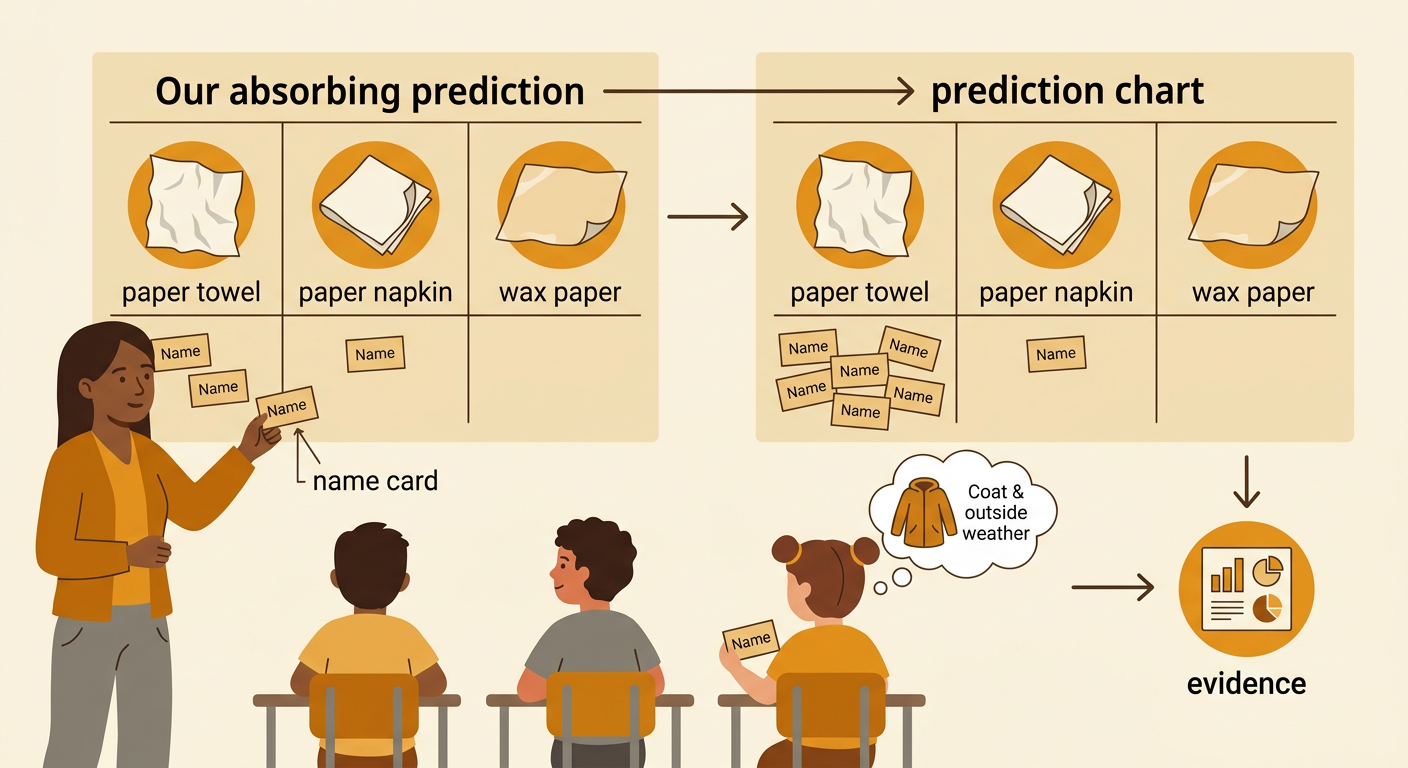 A prediction chart shows name cards placed beneath pictures of the three paper choices.