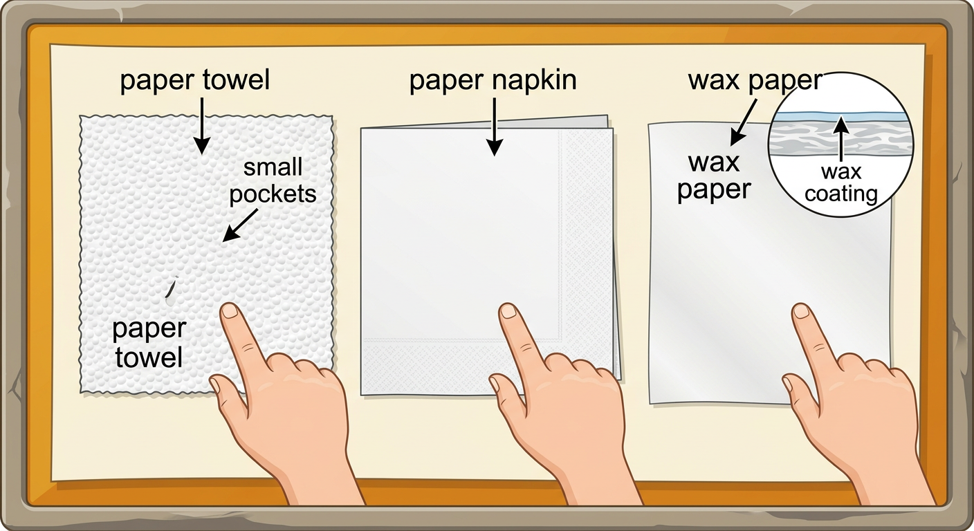 Three dry paper samples are shown close up so their textures, layers, pockets, and coating can be compared.