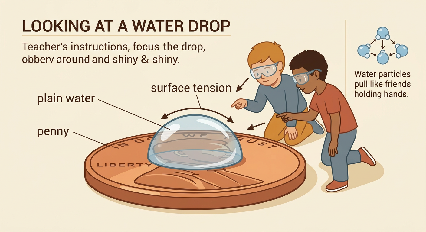 A close-up shows a round, raised drop of plain water on a flat penny with its curved surface highlighted.
