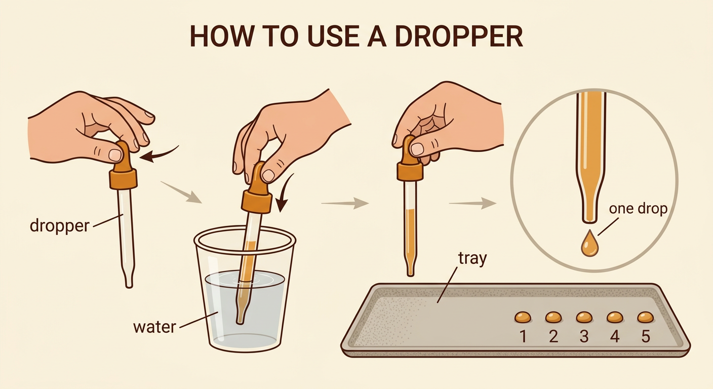 A hand holds a dropper straight above a tray as one equal-sized water drop falls without the tip touching anything.