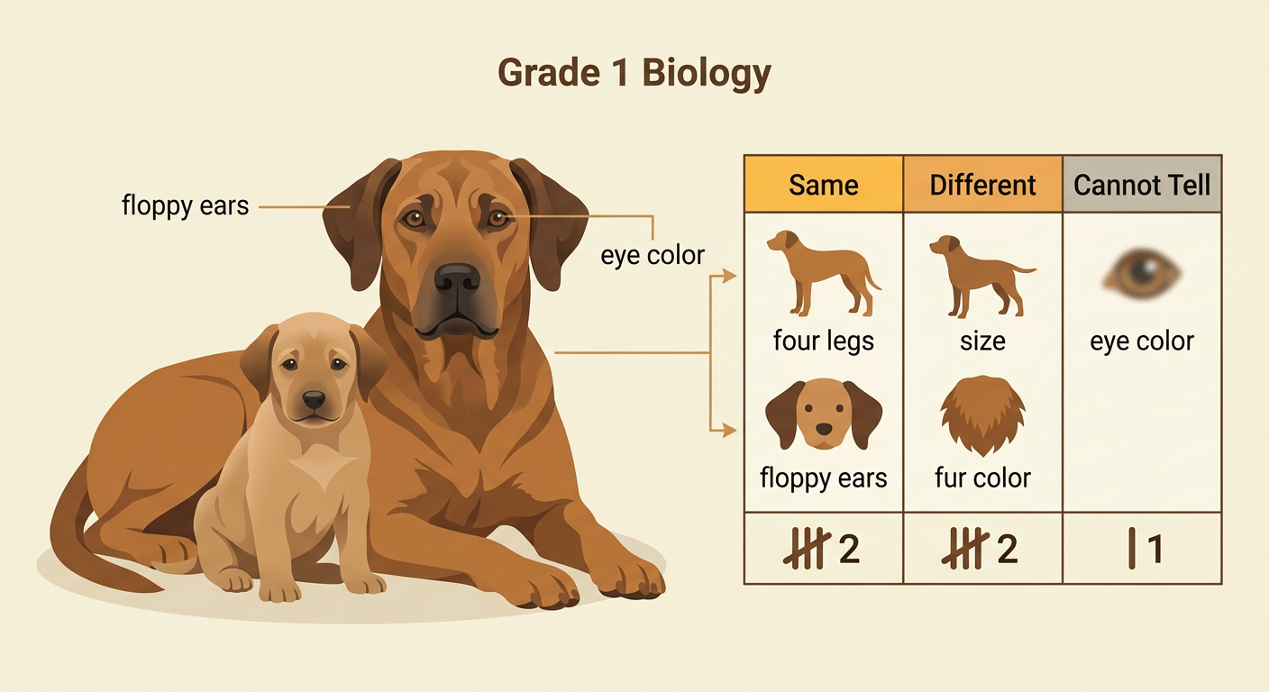 A parent dog and puppy appear beside a three-column trait chart filled with visible evidence.