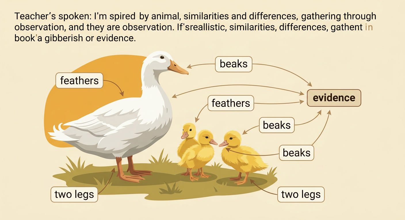 A clear photograph shows a white adult duck beside yellow ducklings with labeled shared traits.