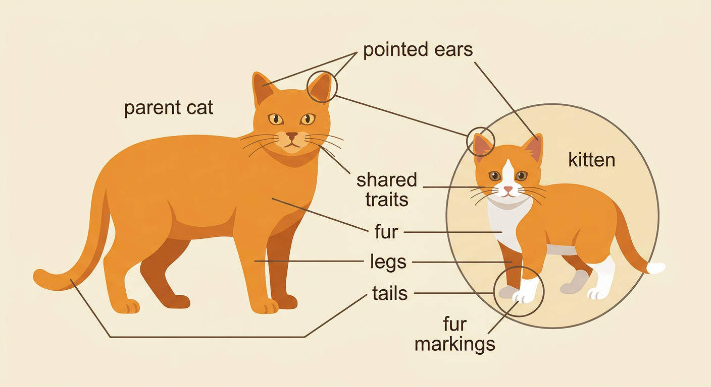 A solid orange parent cat stands beside a smaller orange kitten with white paws and labeled traits.