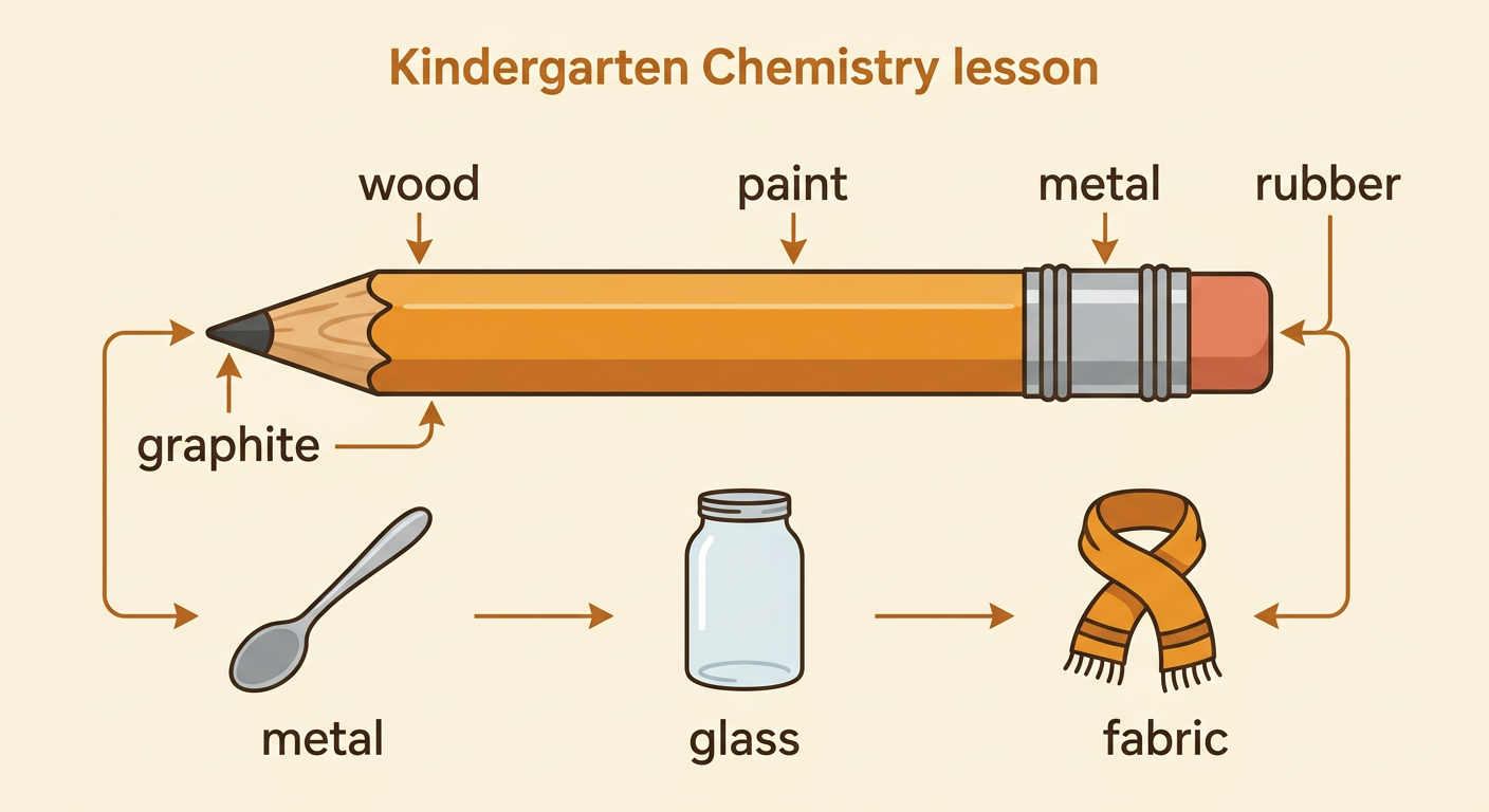 A craft stick, spoon, clear jar, scarf, and pencil are examined for the materials in each object.