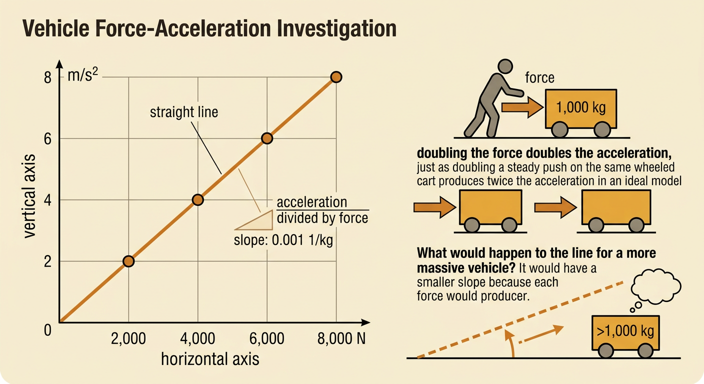 A force-versus-acceleration graph displays four data points on a straight line through the origin.
