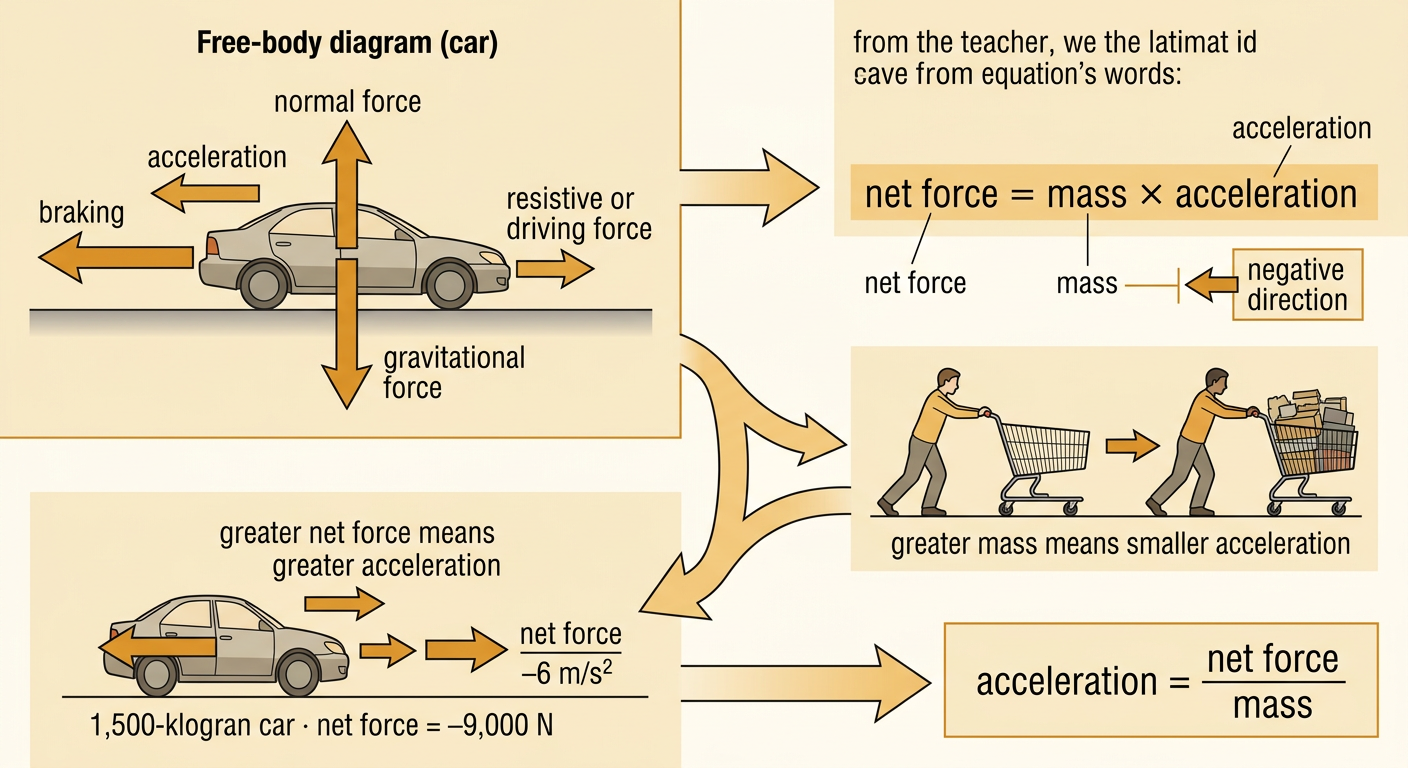 An equation diagram shows a moving car with mass, acceleration, net force, and the negative direction marked.