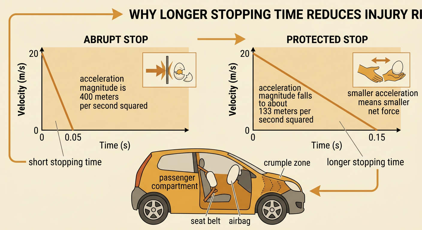 A crash comparison shows a short stopping time without protection and a longer stopping time with a seat belt, airbag, and crumple zone.