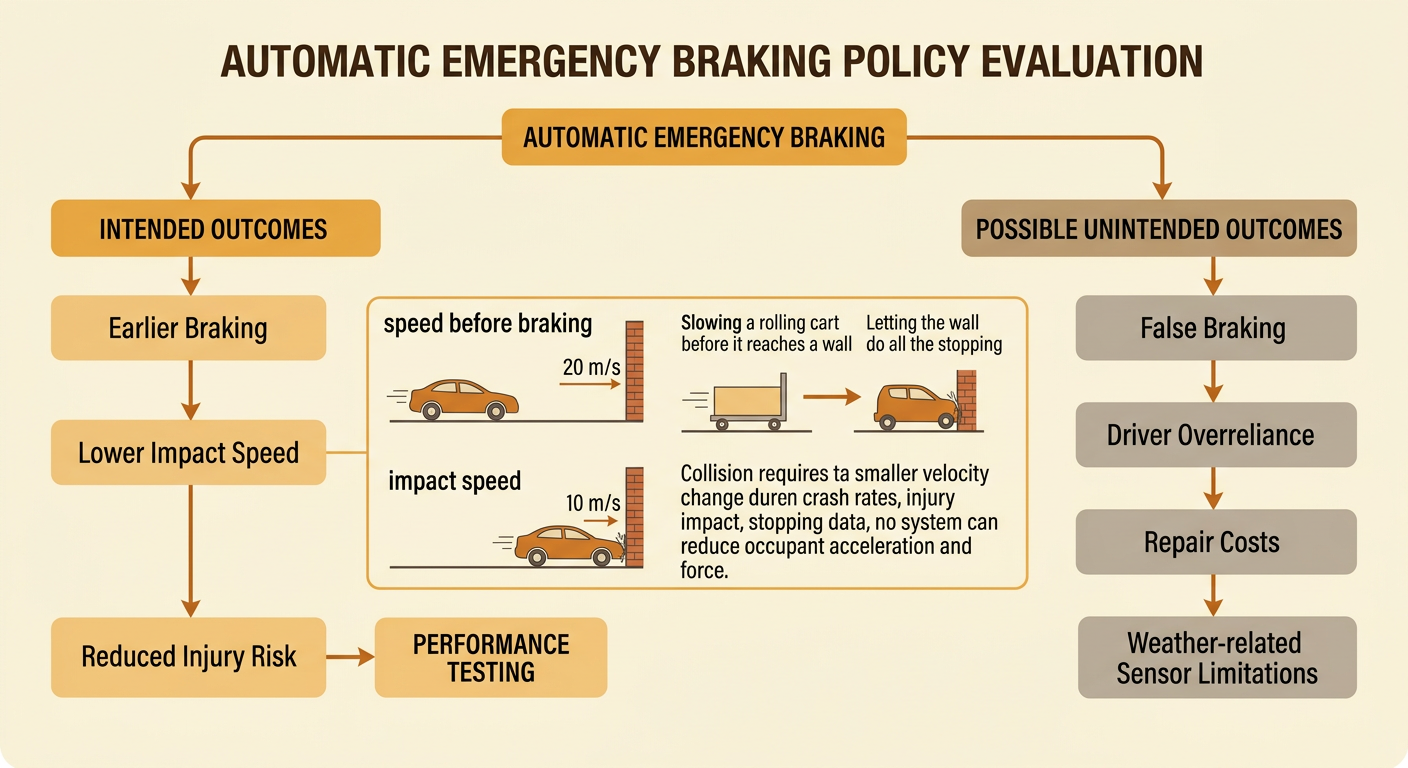 A sensor-equipped car uses automatic emergency braking to reduce its speed before reaching a hazard.
