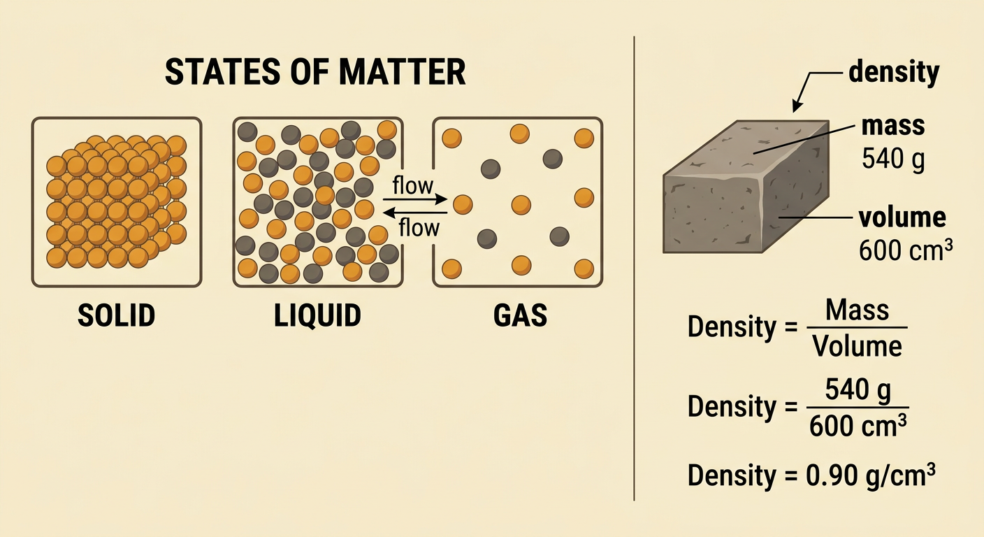 A labeled diagram shows a 540-gram block floating in water beside solid, liquid, and gas containers.