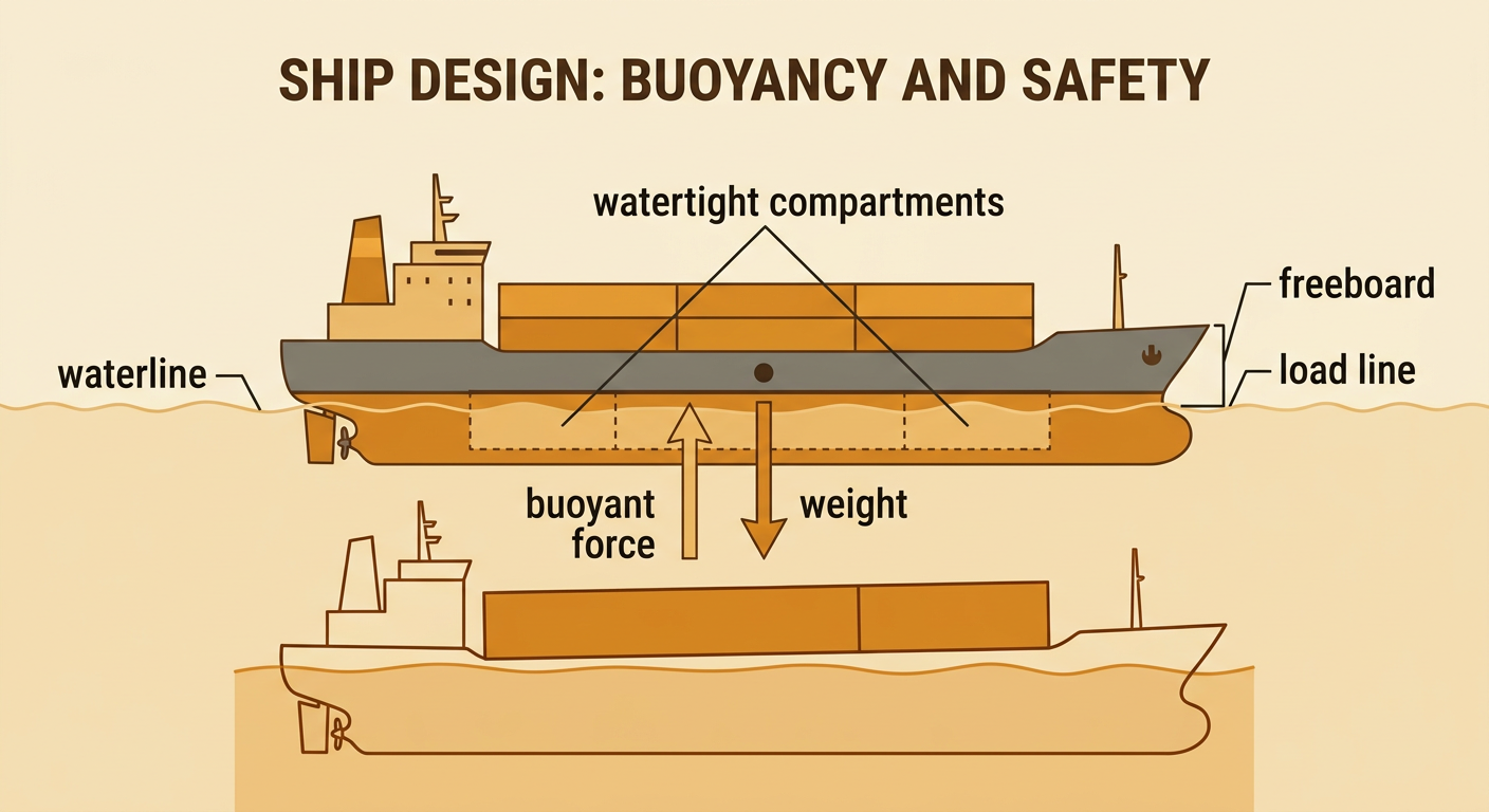 A cargo ship sits beside its load line with freeboard marked and watertight compartments visible inside the hull.