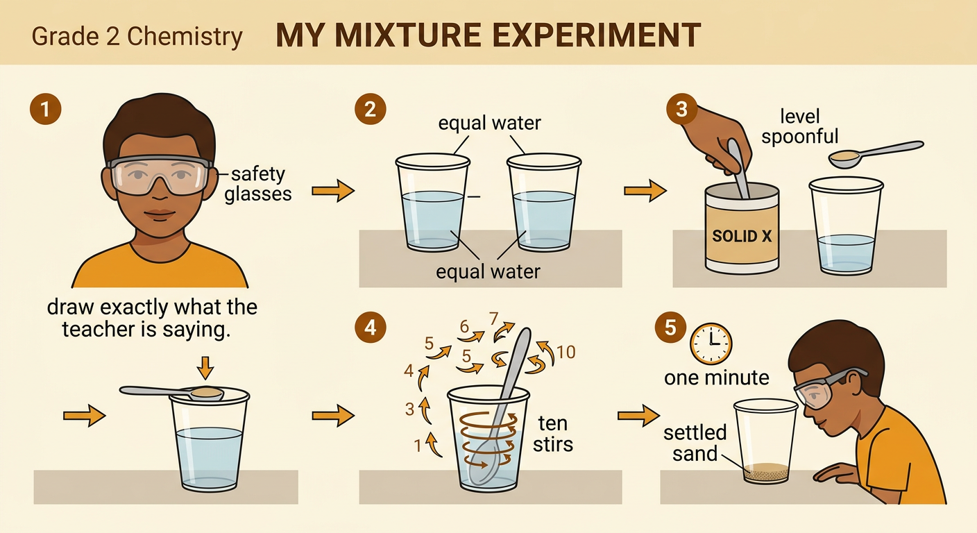 A child in safety glasses performs a fair dissolving test with equal cups, measured solids, and slow stirring.