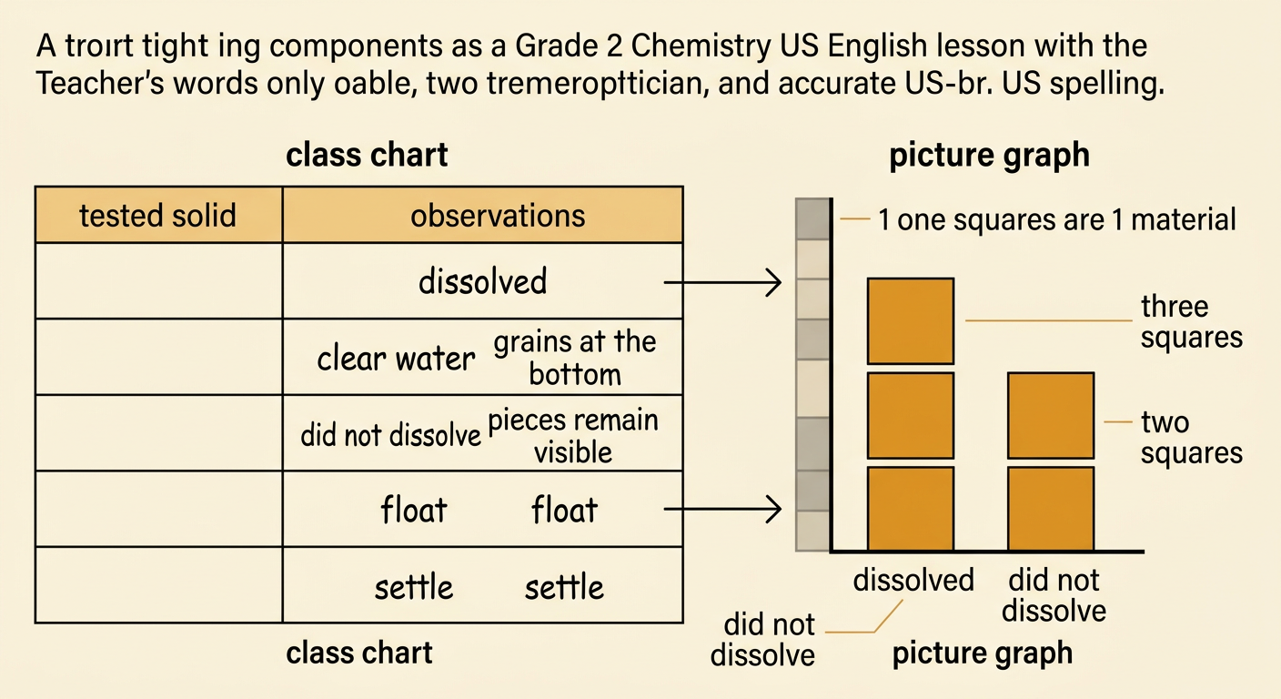 A class chart lists test results beside a picture graph comparing three dissolved materials with two that did not dissolve.