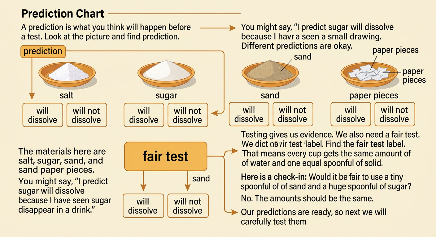 Four small dishes of solids sit beside a prediction sheet and matching cups for a fair test.