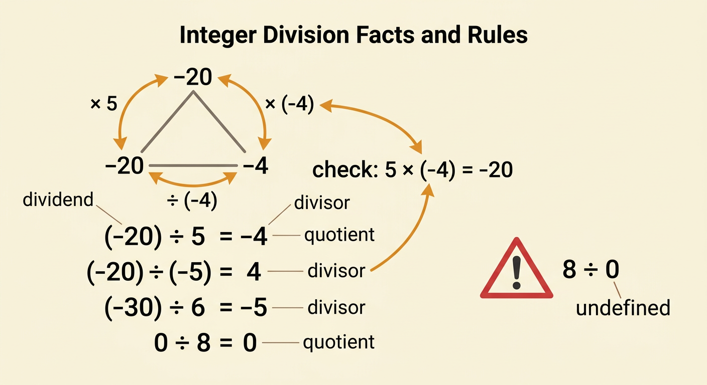 A division diagram identifies the parts of two signed division equations and shows multiplication checks, including a warning about zero.