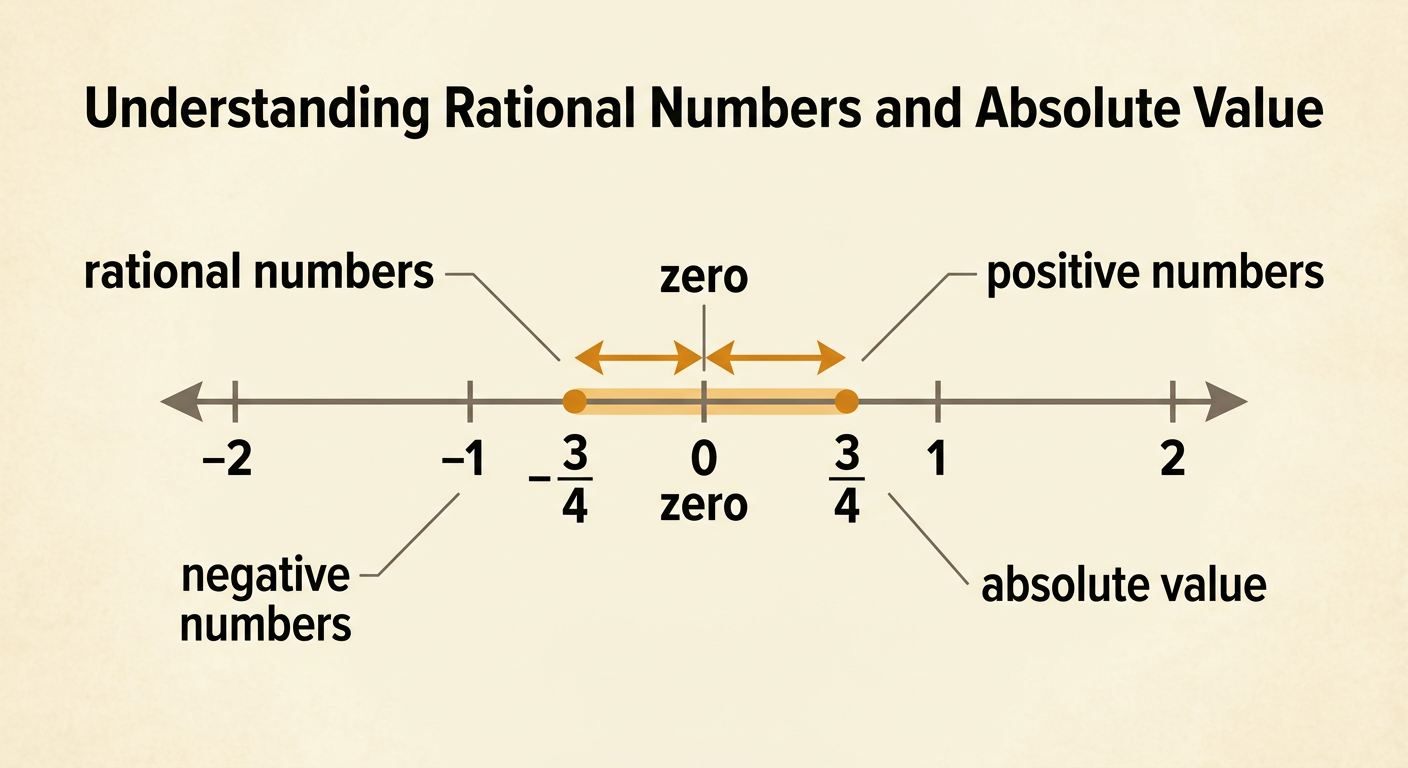 A number line shows positive and negative rational numbers equally spaced on opposite sides of zero, with matching distances highlighted.