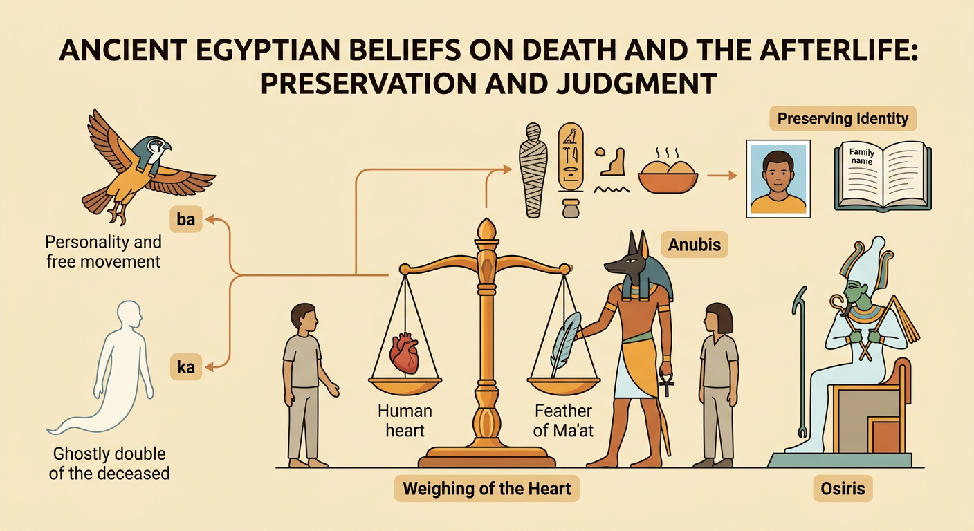 An Egyptian judgment scene shows Anubis weighing a heart against a feather as Osiris, the ka, and the ba appear nearby.