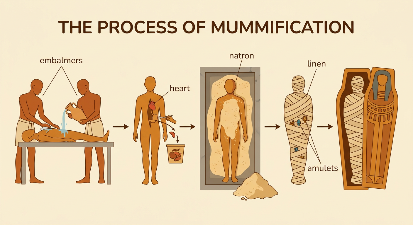 An embalmer prepares a body beside natron, removed organs, linen wrappings, and protective amulets.