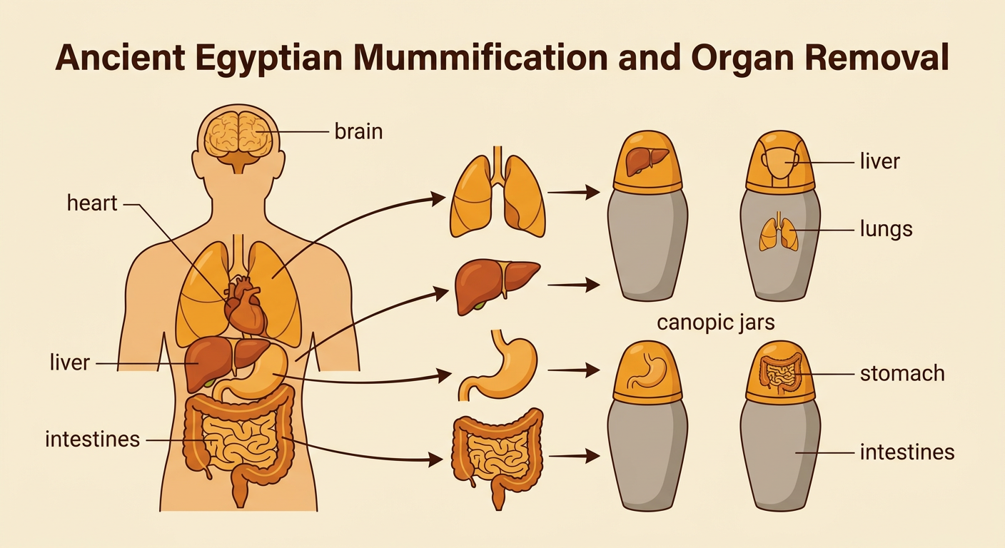 A body diagram highlights the heart and brain while four removed organs are placed into canopic jars.