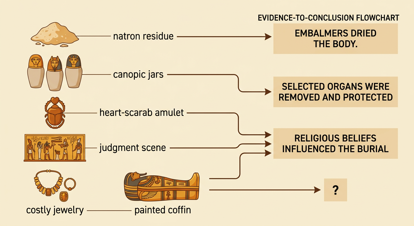 An opened tomb displays preservation residue, organ jars, a protective amulet, a judgment painting, jewelry, and a decorated coffin.