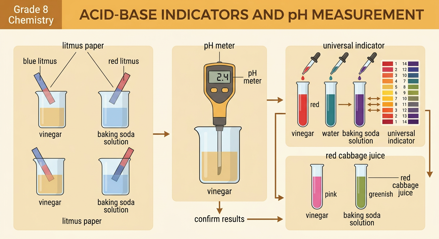 Litmus, universal indicator, red cabbage juice, and a pH meter compare acidic and basic samples.