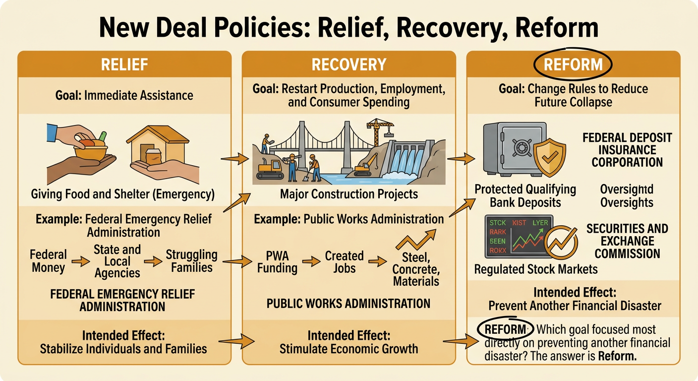 Three connected circles show New Deal relief, recovery, and reform with representative federal actions.
