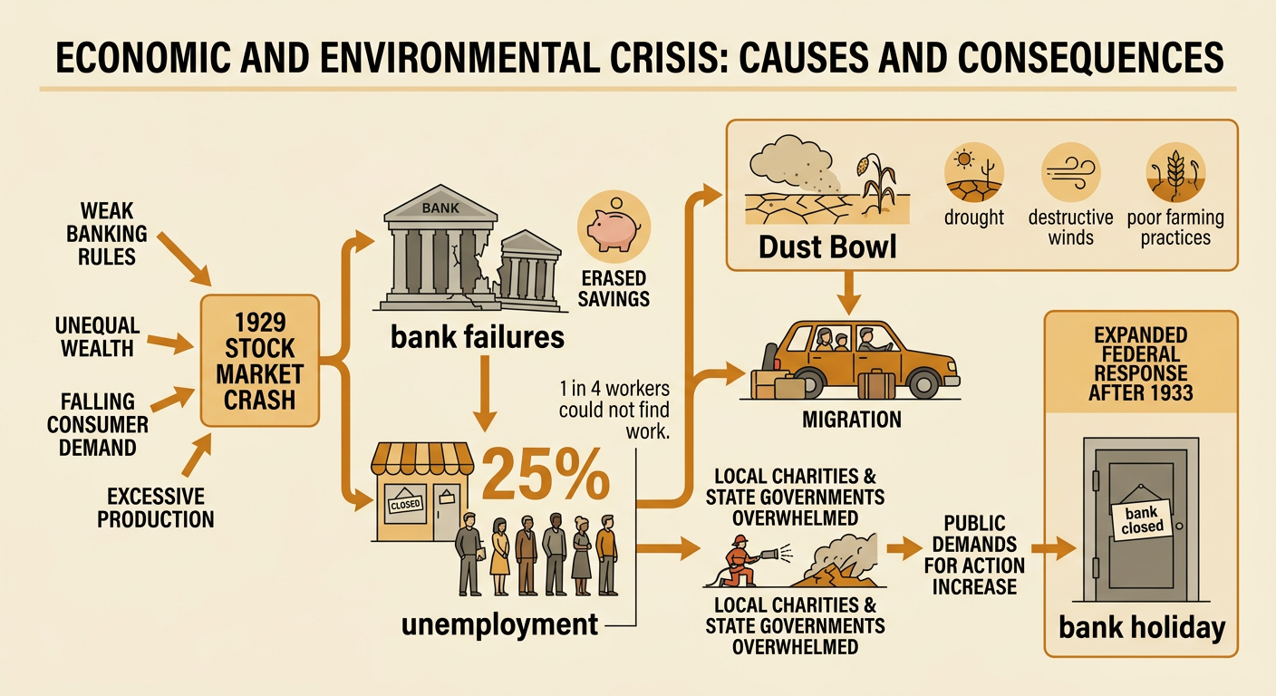 A 1933 crisis scene shows a closed bank, unemployed workers, a Dust Bowl farm, and federal emergency action.