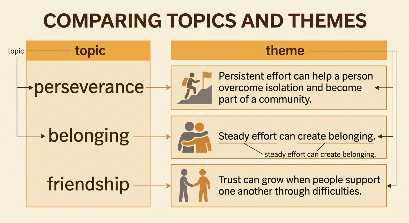 A comparison chart shows broad topics leading to a complete theme statement about Maya joining a community.