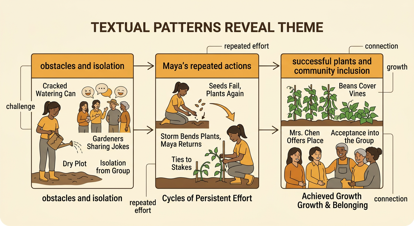 A three-step sequence shows Maya moving from garden difficulty through repeated work to harvest and social acceptance.