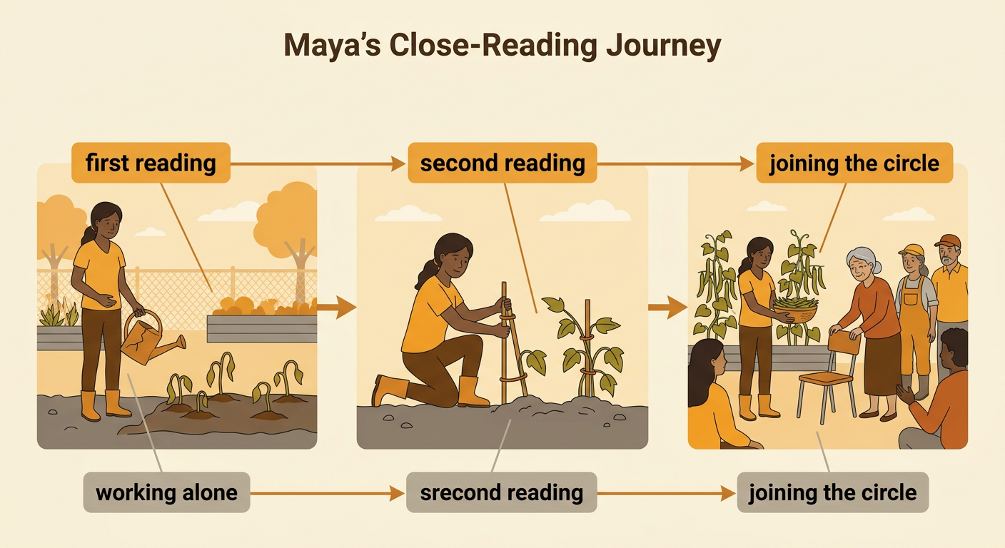 A two-pass reading diagram shows Maya moving from an isolated dry plot to a shared garden circle.
