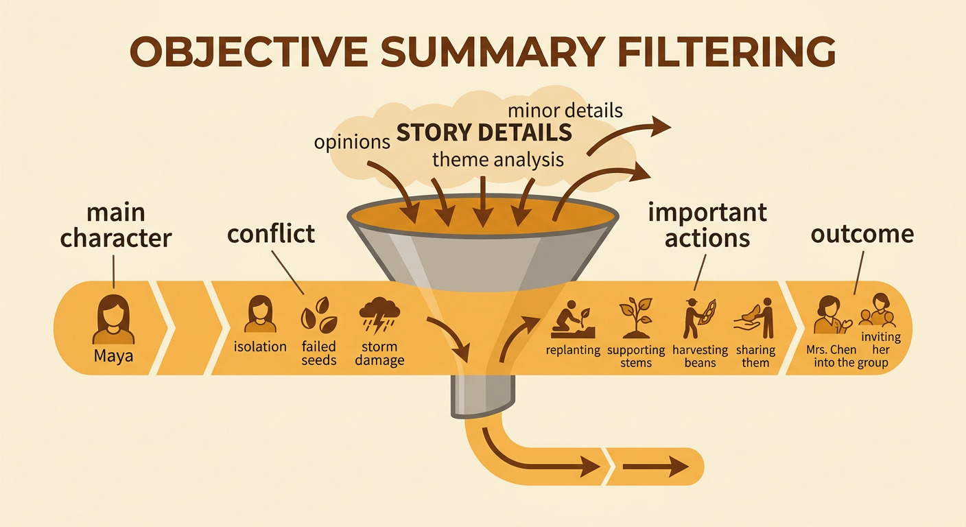A neutral summary frame organizes Maya's character, conflict, actions, and final inclusion in the group.