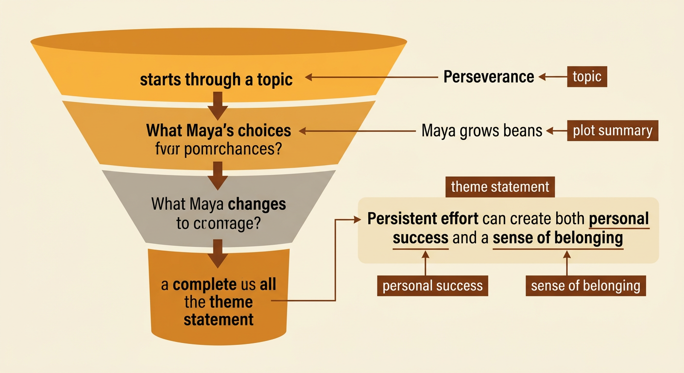 A comparison chart contrasts a narrow plot summary with a general theme statement supported by Maya's actions.