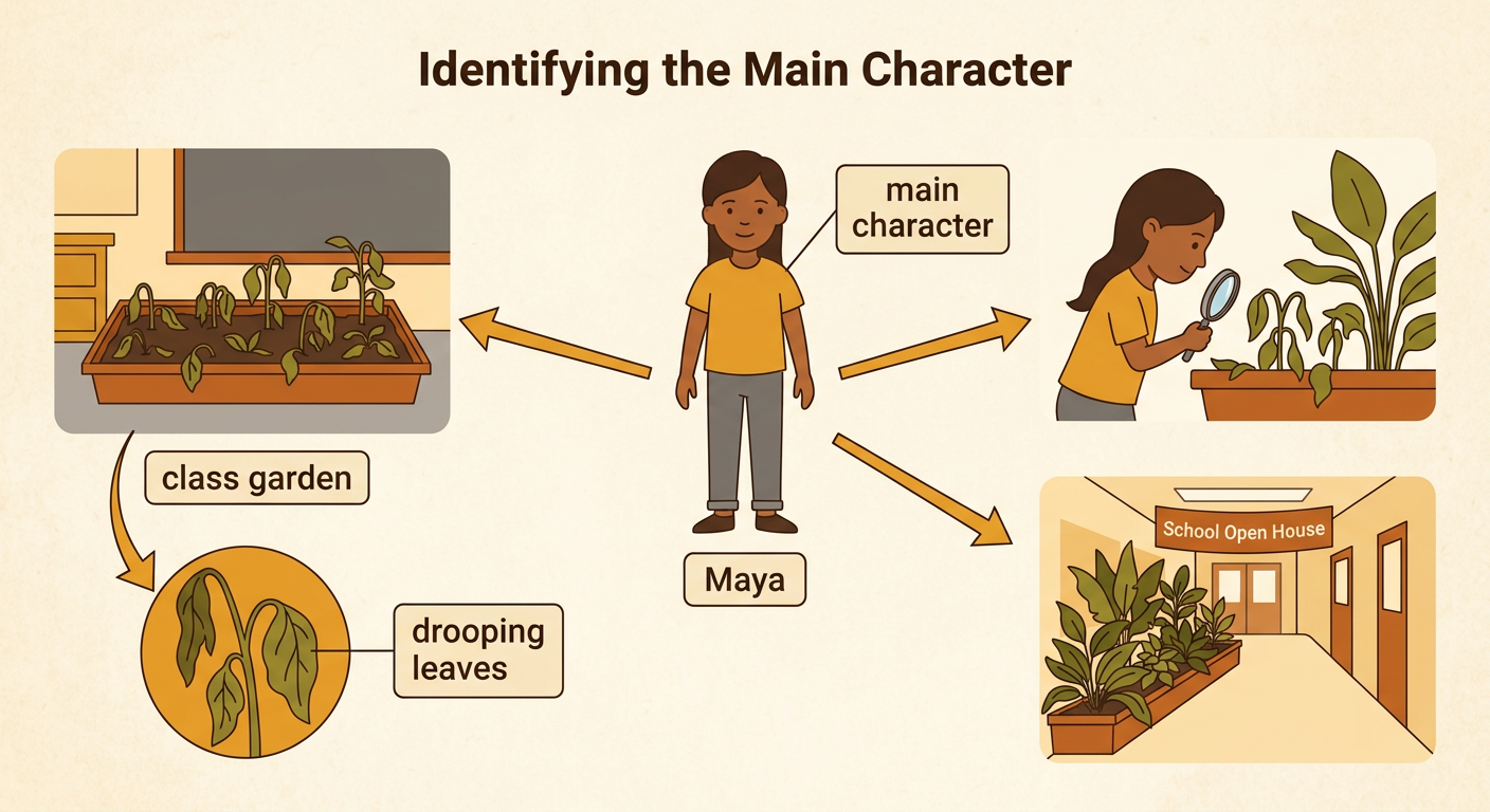 Maya stands at the center of the class garden and examines plants with drooping leaves while her teacher and classmates watch.