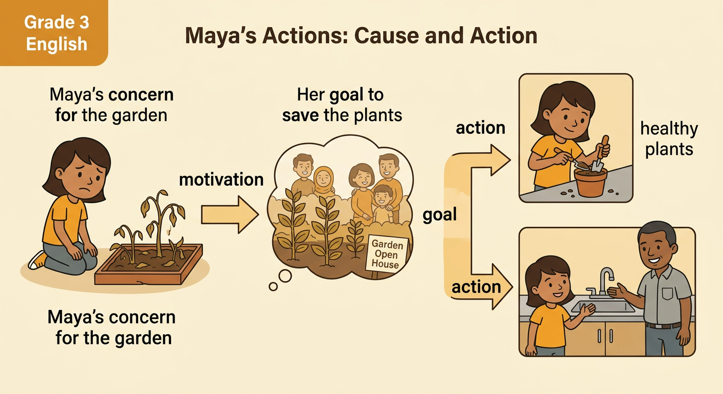 A diagram shows Maya testing the soil as she works toward her goal of healthy plants.