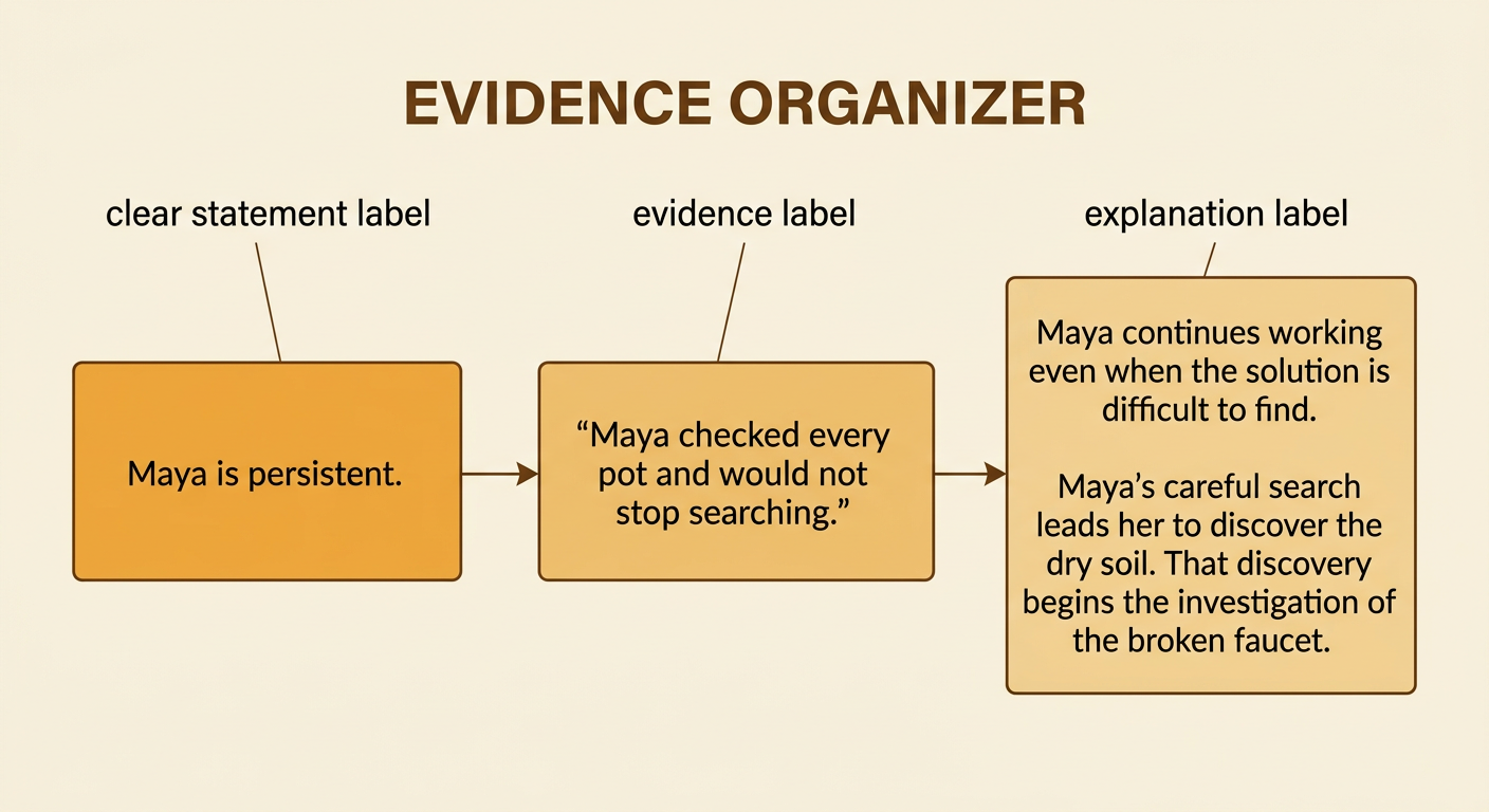 An open storybook sits beside three connected boxes showing a statement, supporting evidence, and an explanation.