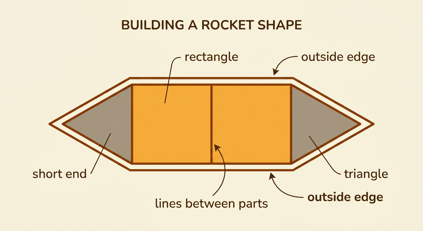 Two squares form a central rectangle with one triangle attached to each short end, creating a rocket-like composite shape.