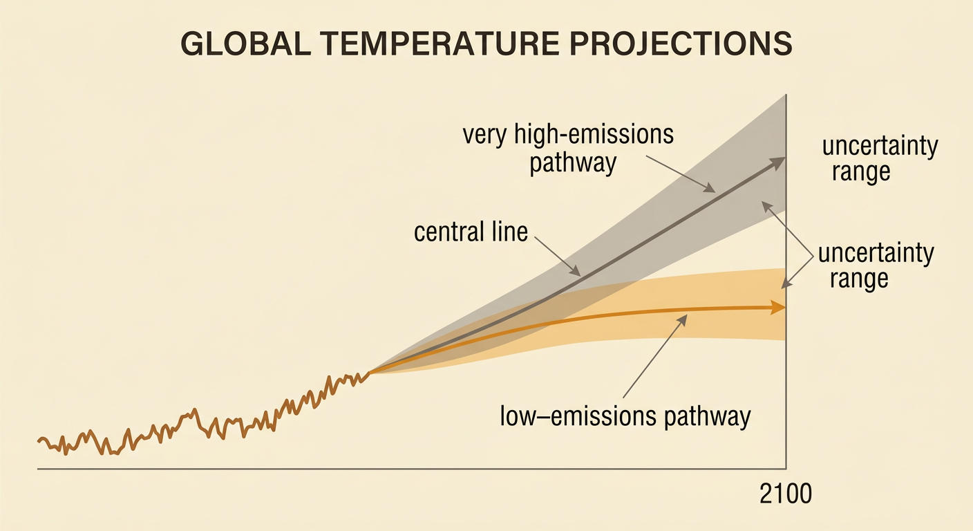 A climate-projection graph shows low- and very high-emissions temperature pathways separating toward 2100, each surrounded by a shaded uncertainty range.
