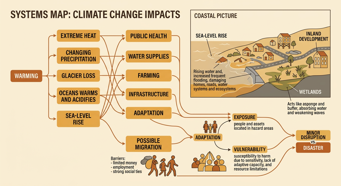 A low-lying coastal community faces flooding while using wetlands, elevated buildings, and inland development to reduce vulnerability.
